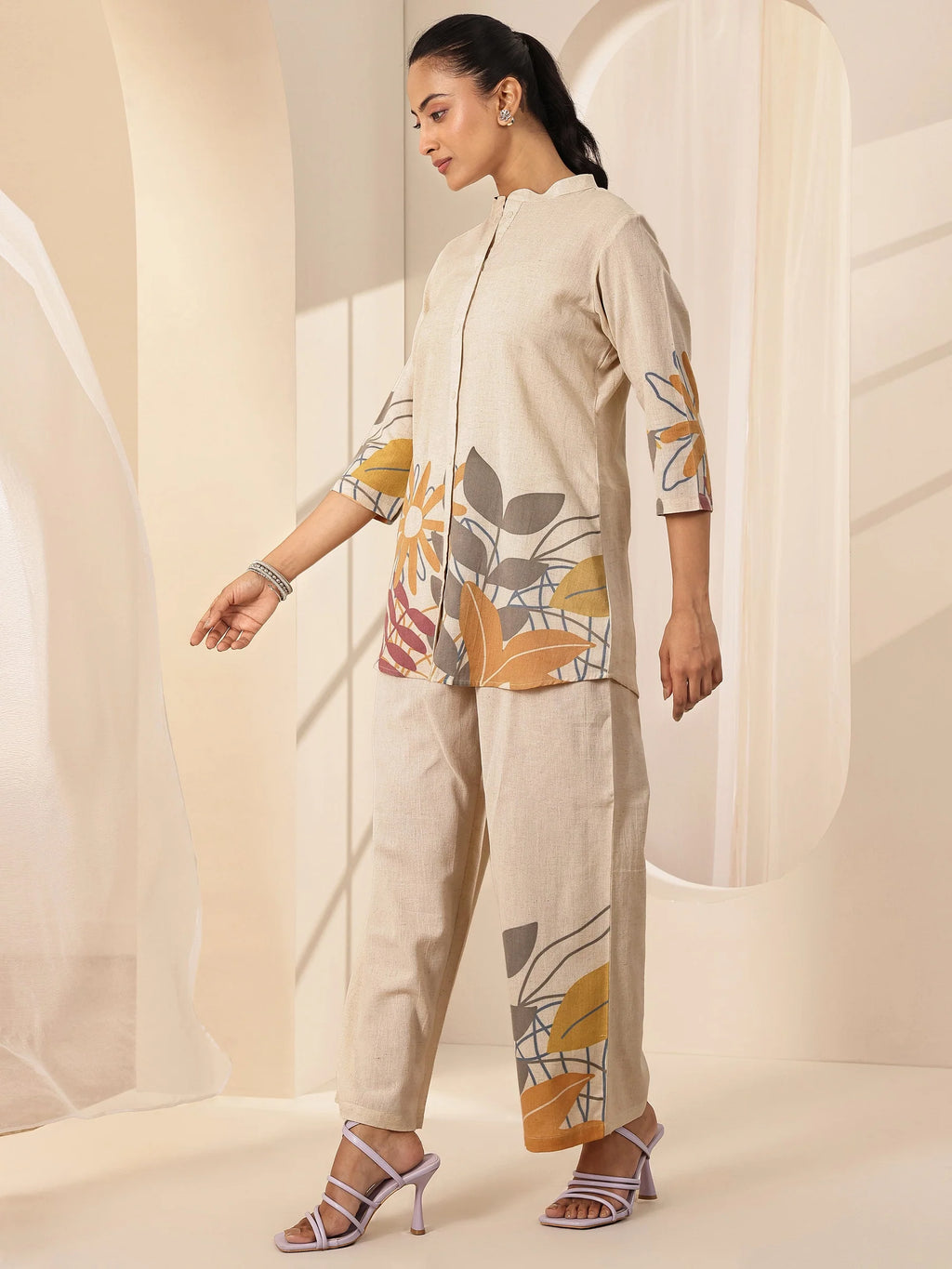 Off White Printed Cotton Blend Co-Ord Sets