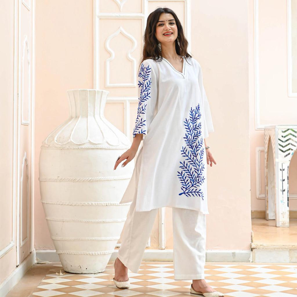 White Blue Embroidered Co-ord Set