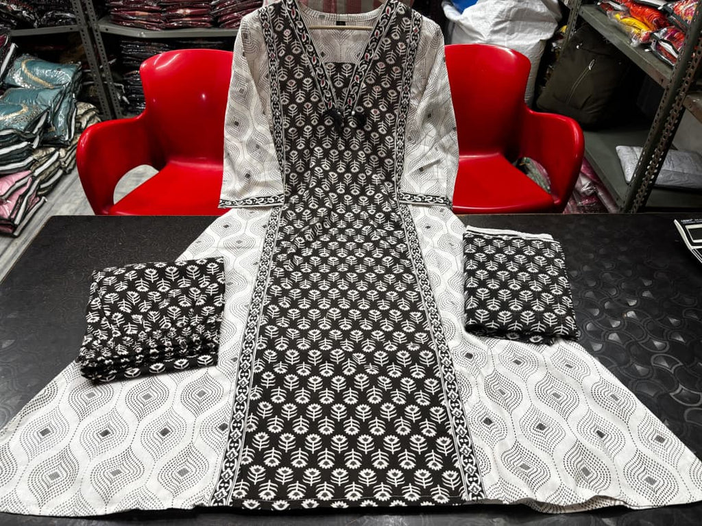 A Line Print Kurta 3 Pcs Set  Pant  Set With New Style in Maching