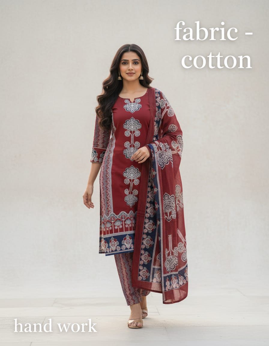 Straight Pannel Print Kurta 3 Pcs Set Pant Set With New Style in Maching