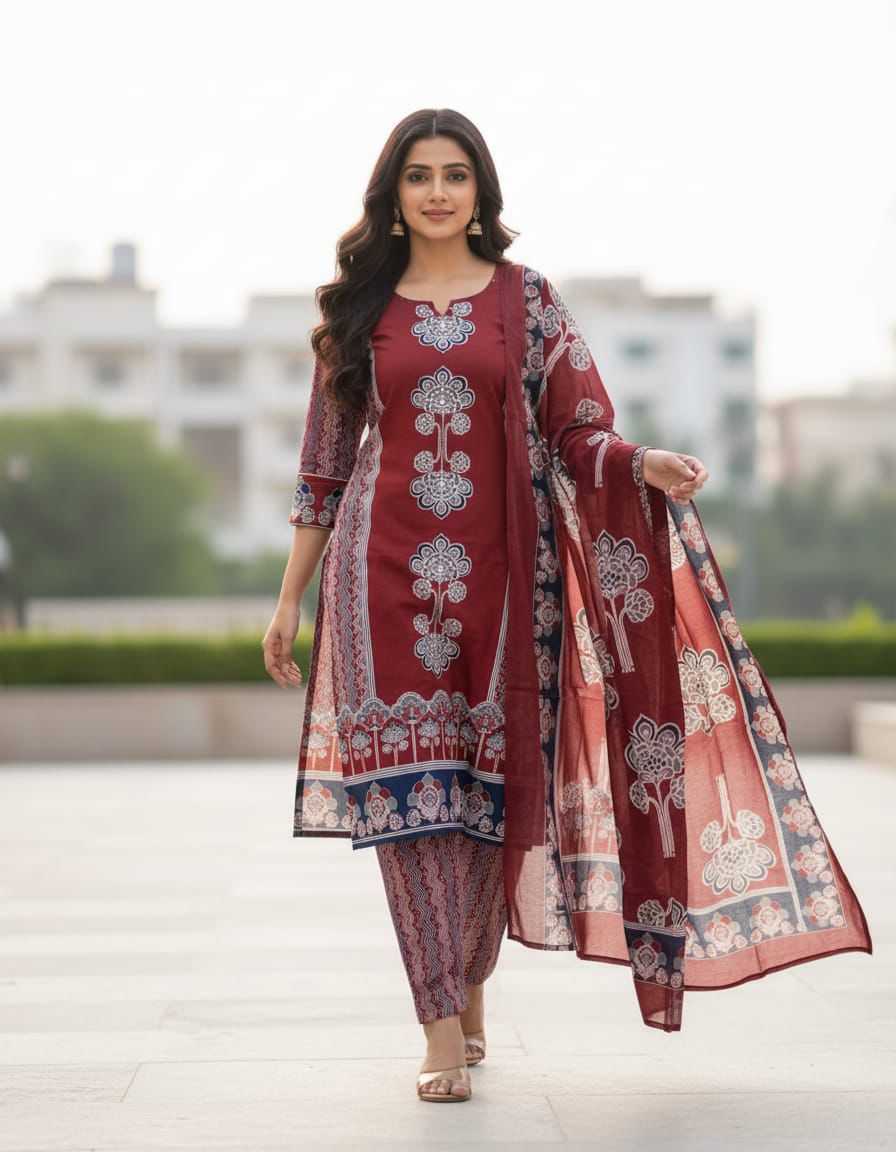 Straight Pannel Print Kurta 3 Pcs Set Pant Set With New Style in Maching