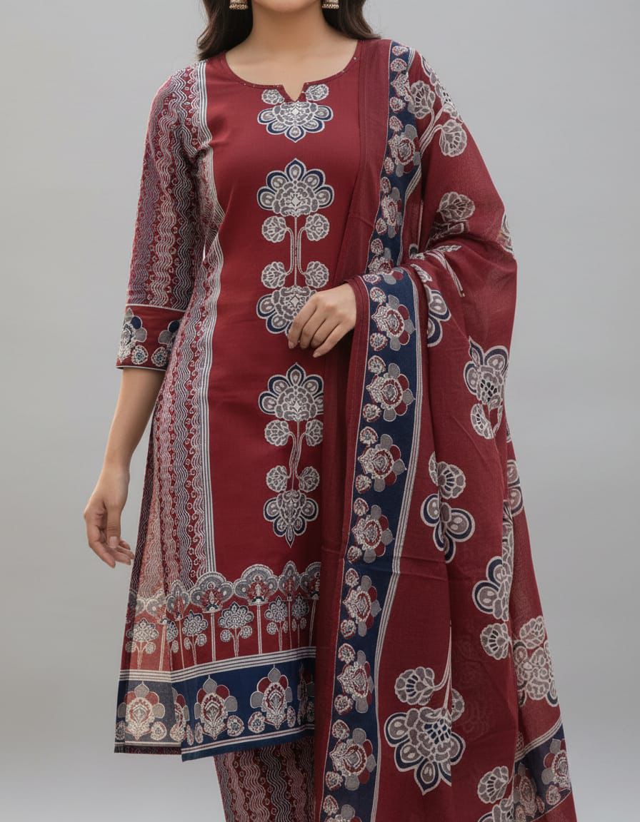 Straight Pannel Print Kurta 3 Pcs Set Pant Set With New Style in Maching