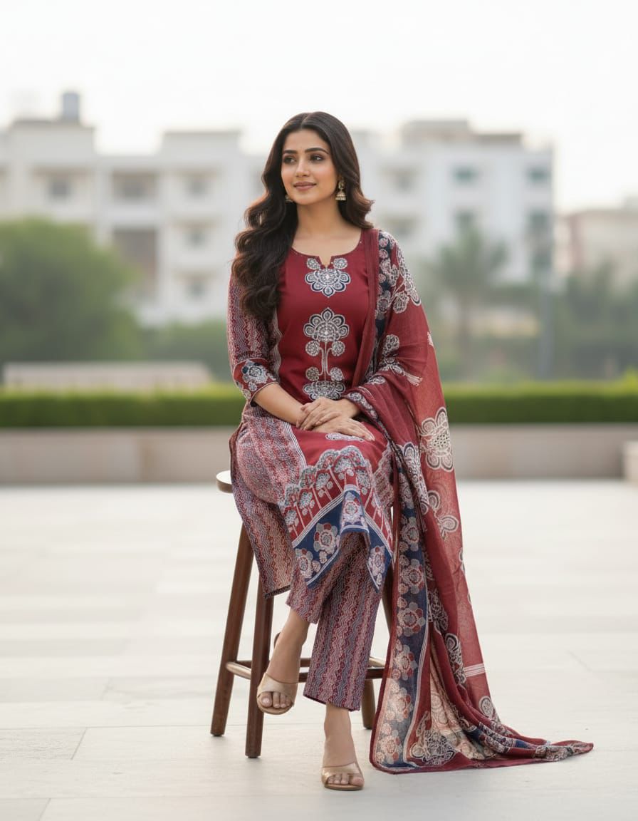 Straight Pannel Print Kurta 3 Pcs Set Pant Set With New Style in Maching
