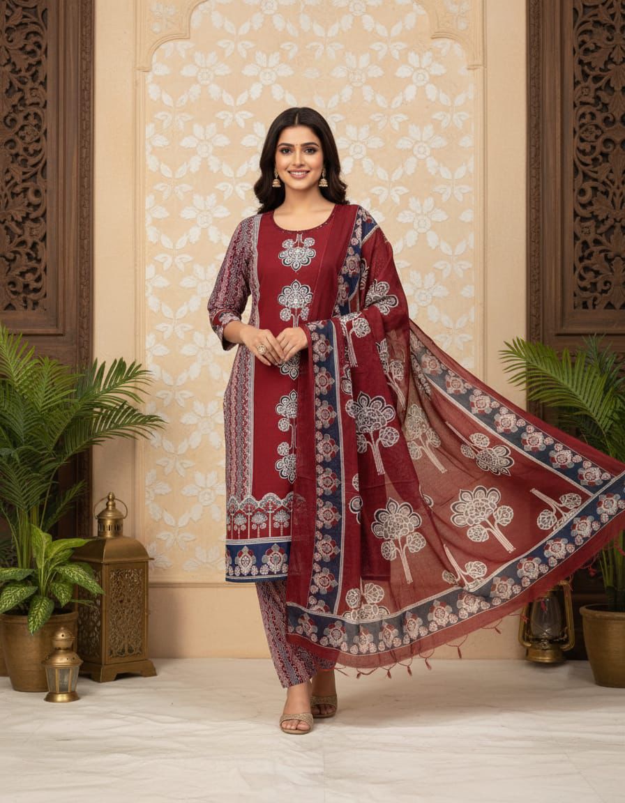 Straight Pannel Print Kurta 3 Pcs Set Pant Set With New Style in Maching