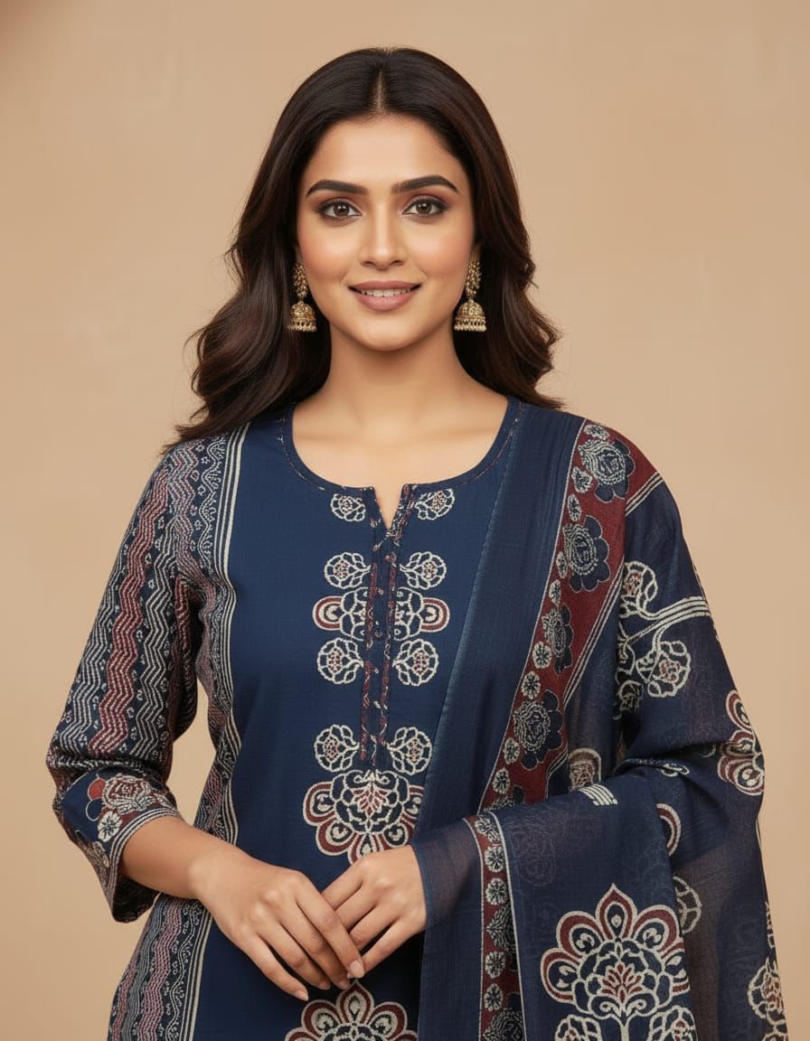 Straight Pannel Print Kurta 3 Pcs Set Pant Set With New Style in Maching