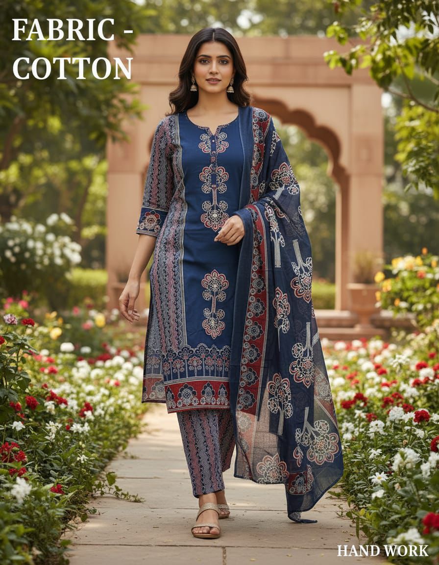 Straight Pannel Print Kurta 3 Pcs Set Pant Set With New Style in Maching