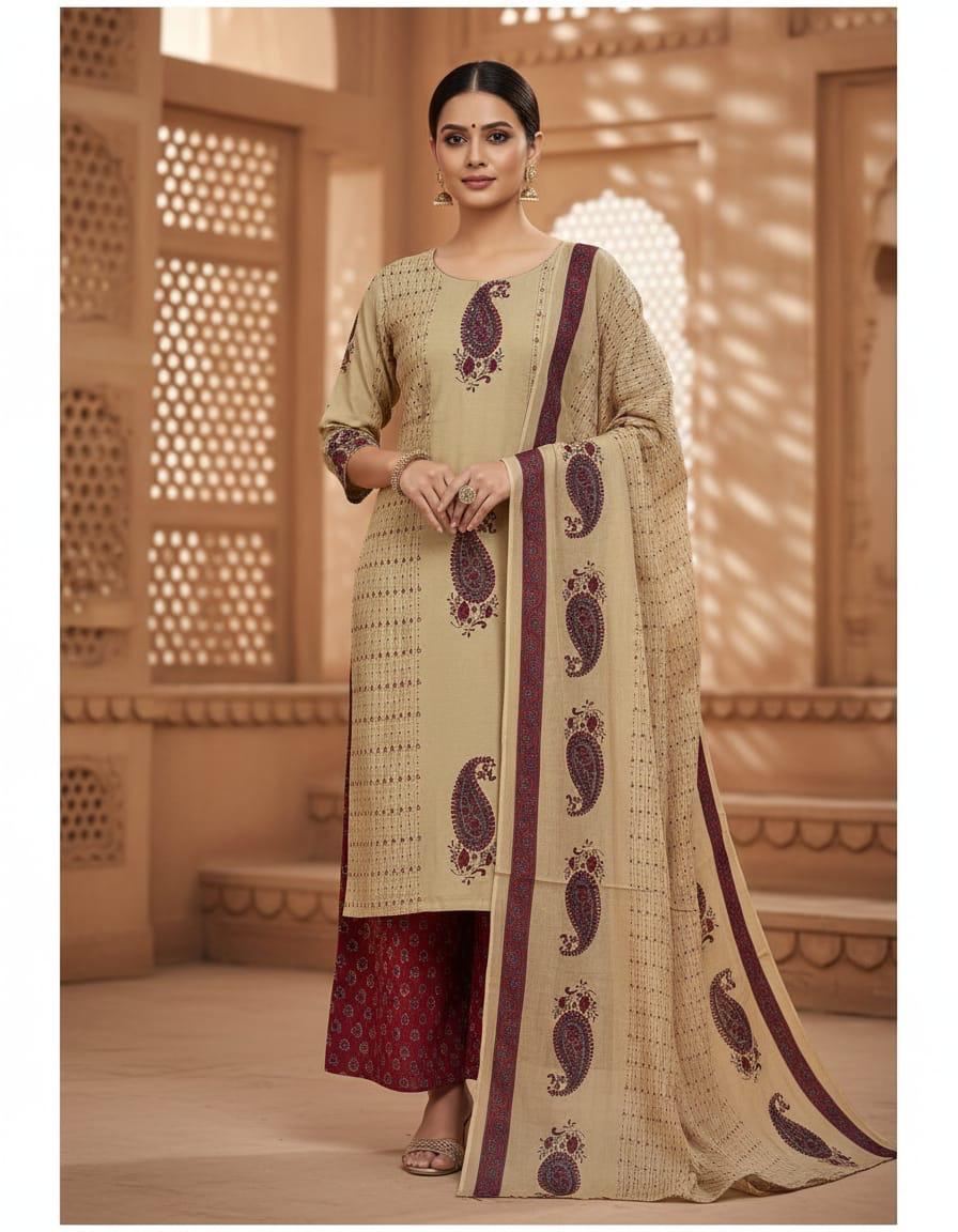 New Anarkali Print Kurta 3 Pcs Set  Pant  Set With New Style in Maching