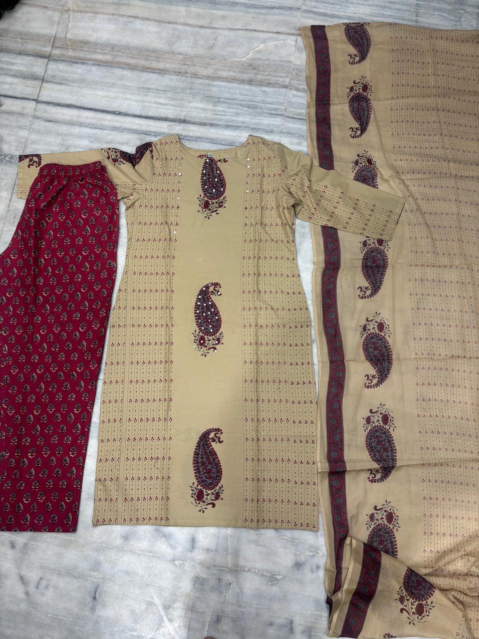 New Anarkali Print Kurta 3 Pcs Set  Pant  Set With New Style in Maching