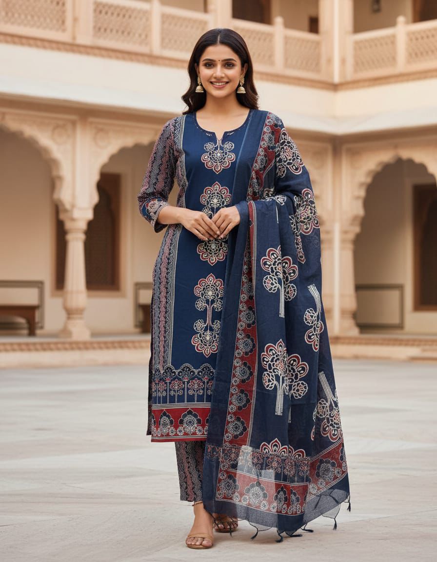Straight Pannel Print Kurta 3 Pcs Set Pant Set With New Style in Maching