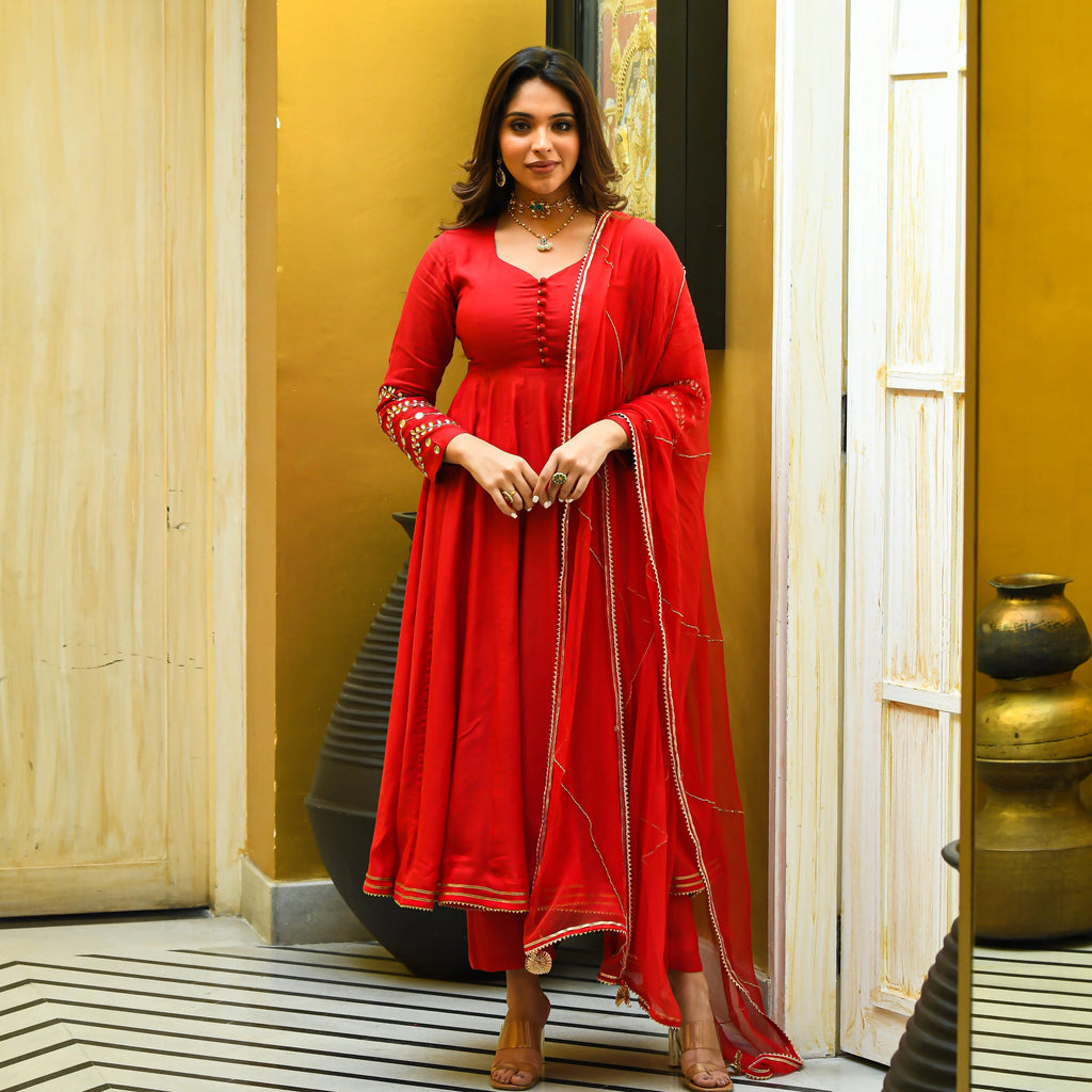 Baneraa Red Mirror Work Suit Set