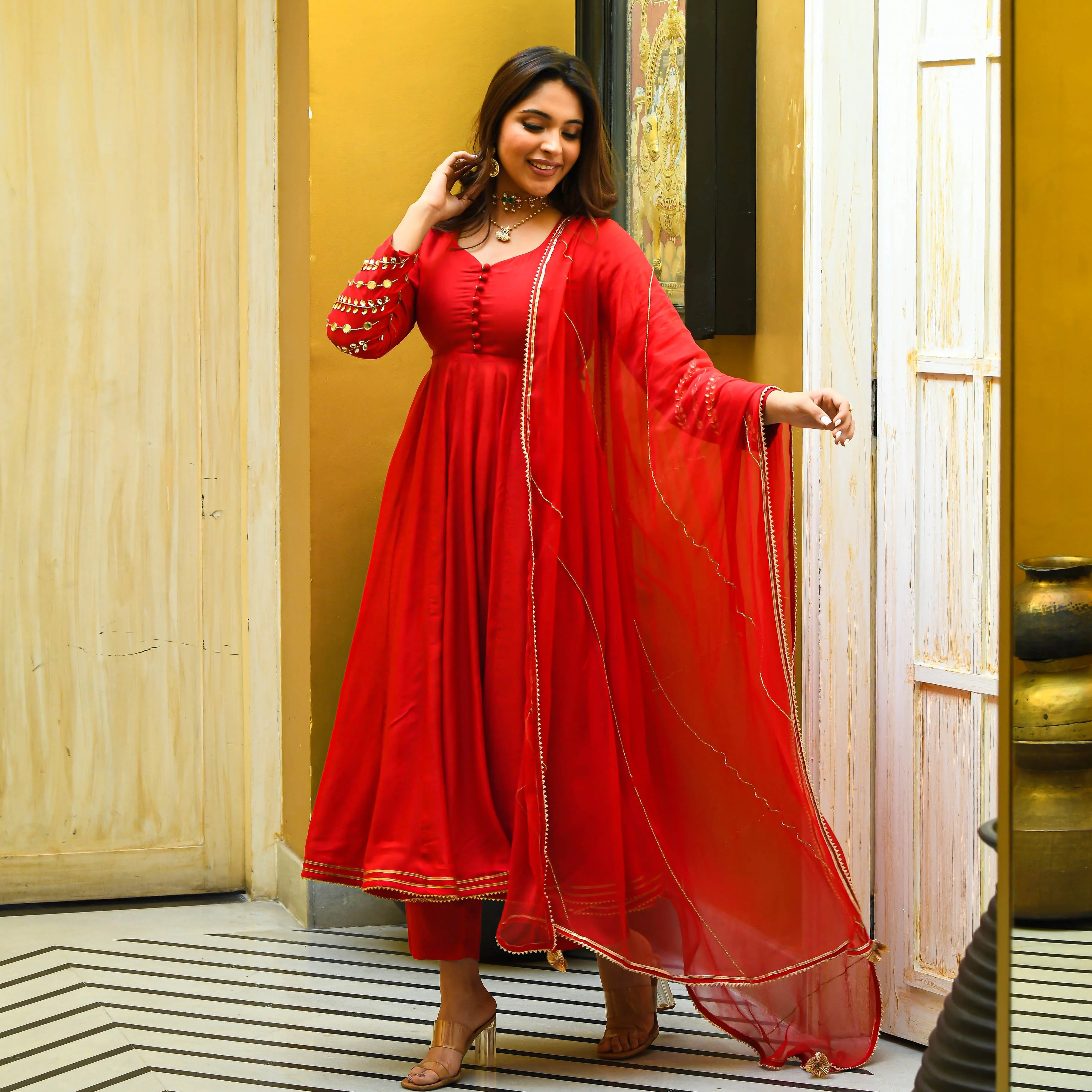 Baneraa Red Mirror Work Suit Set