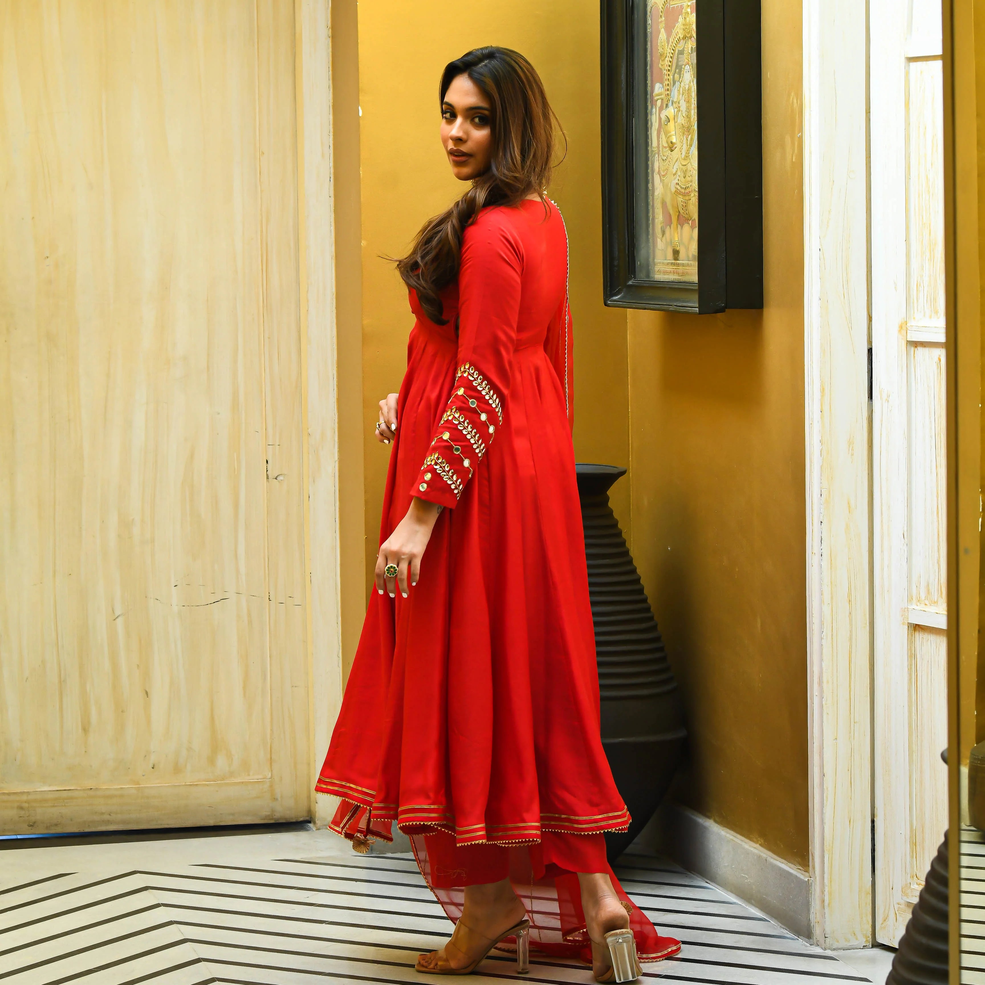 Baneraa Red Mirror Work Suit Set